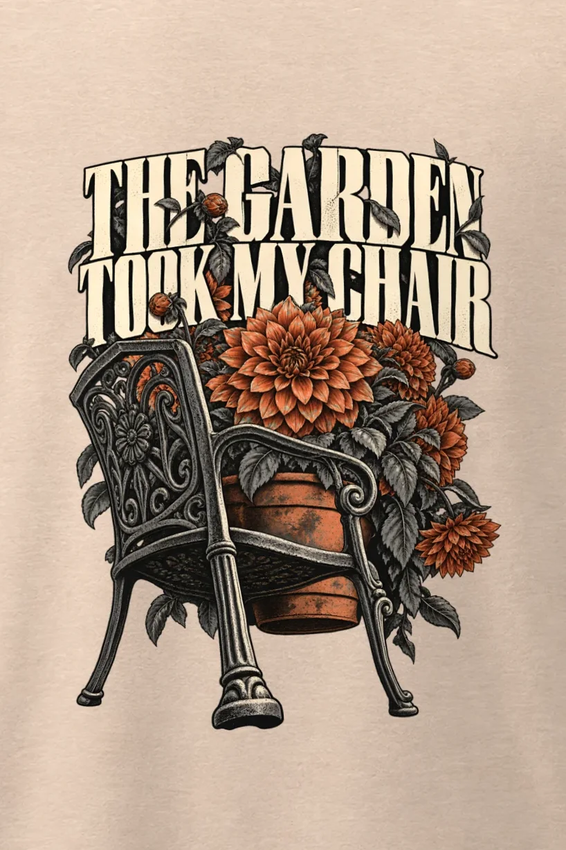 "The Garden Took My Chair" Men’s Oversized Heavyweight Crewneck T-Shirt - the graphic up close