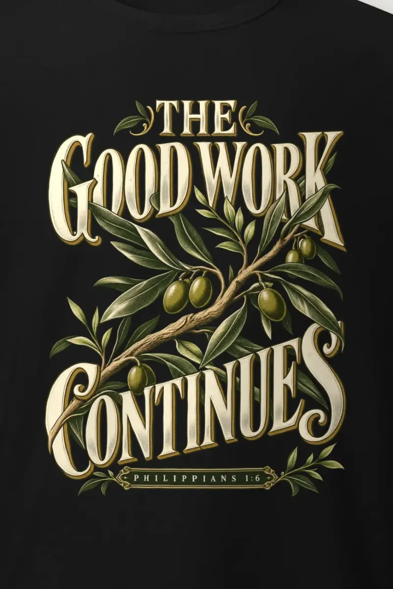 "The Good Work Continues" Heavyweight Unisex Crewneck T-shirt - the graphic up close