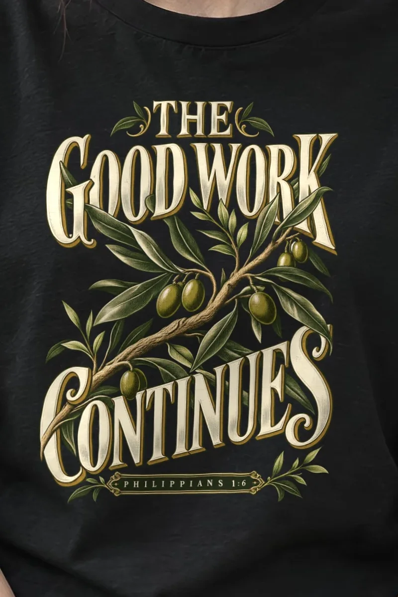 "The Good Work Continues" Heavyweight Unisex Crewneck T-shirt - the graphic up close