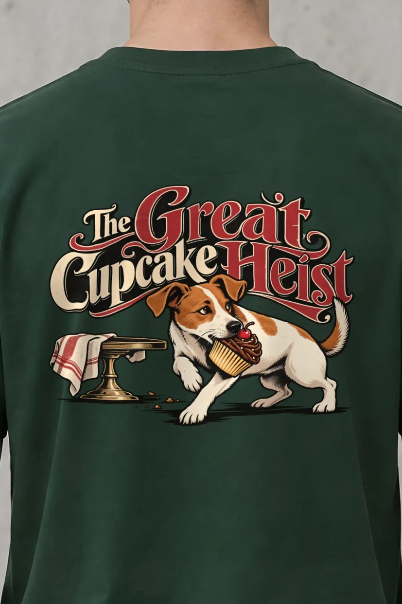 "The Great Cupcake Heist" Heavyweight Unisex Crewneck T-shirt - the graphic up close