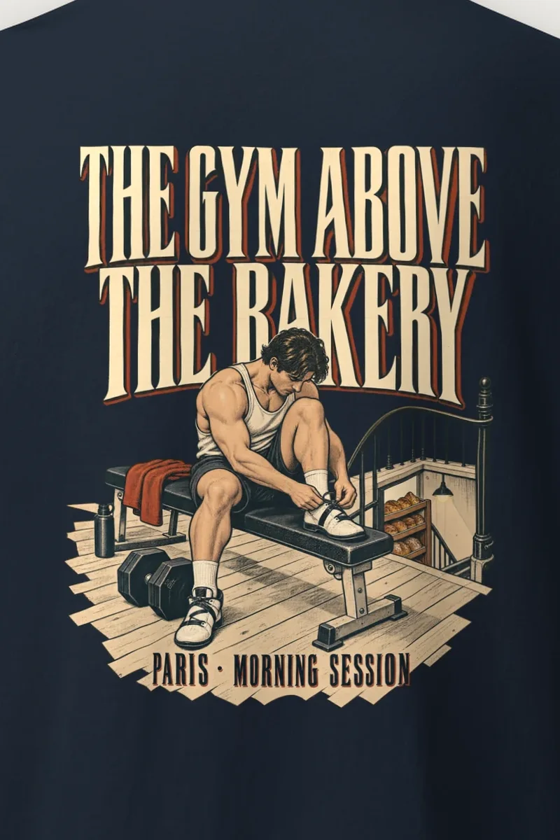 "The Gym Above the Bakery" Heavyweight Unisex Crewneck T-shirt - the graphic up close