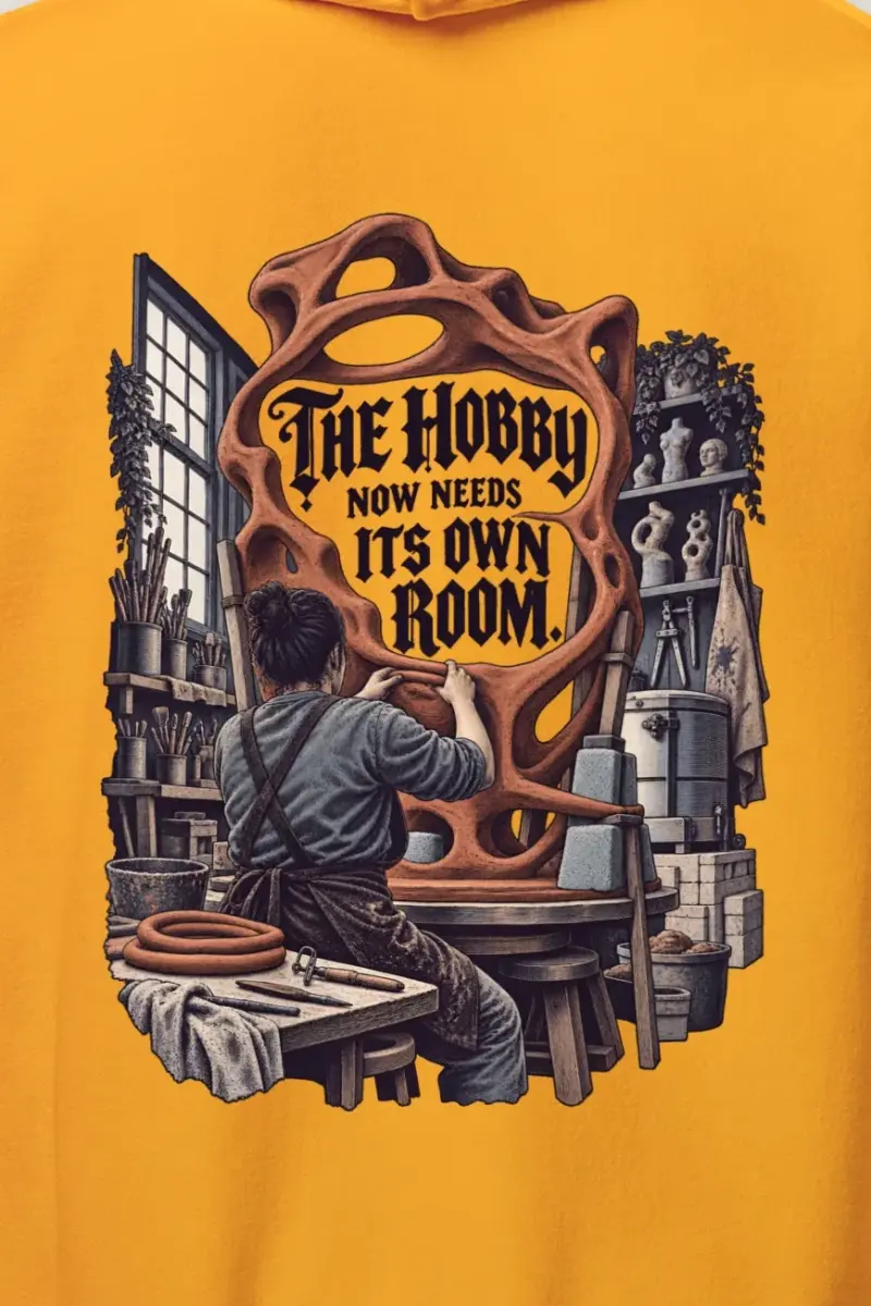 "The Hobby Now Needs Its Own Room" Heavy Blend Unisex Pullover Hoodie - the graphic up close