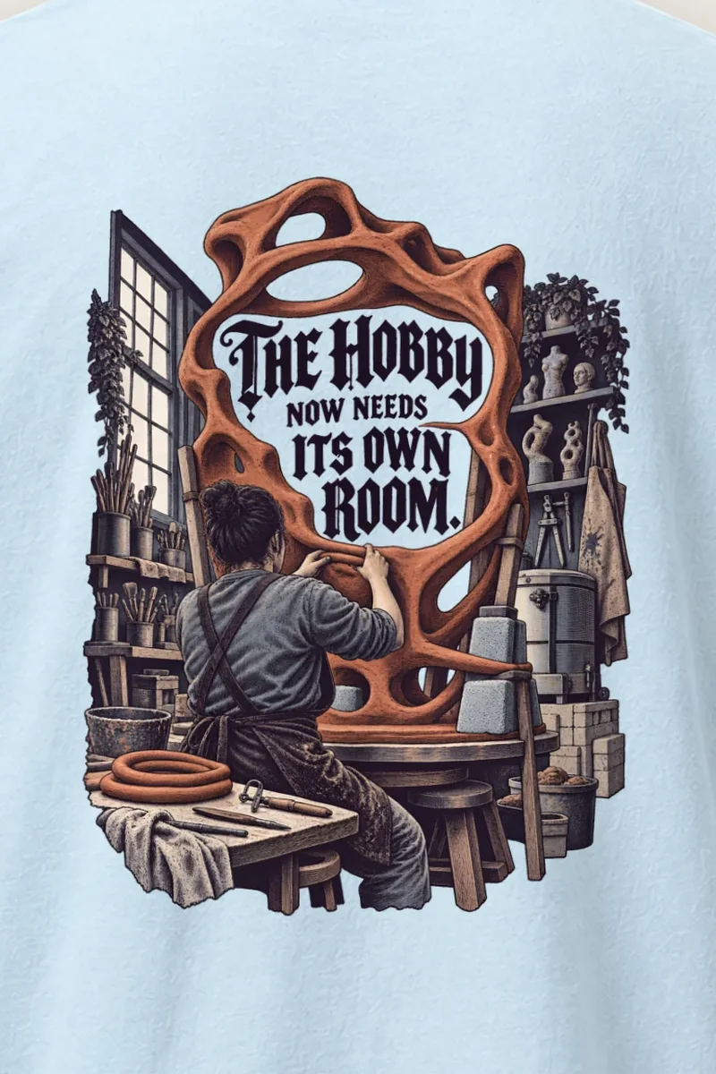 "The Hobby Now Needs Its Own Room" Heavyweight Unisex Crewneck T-shirt - the graphic up close
