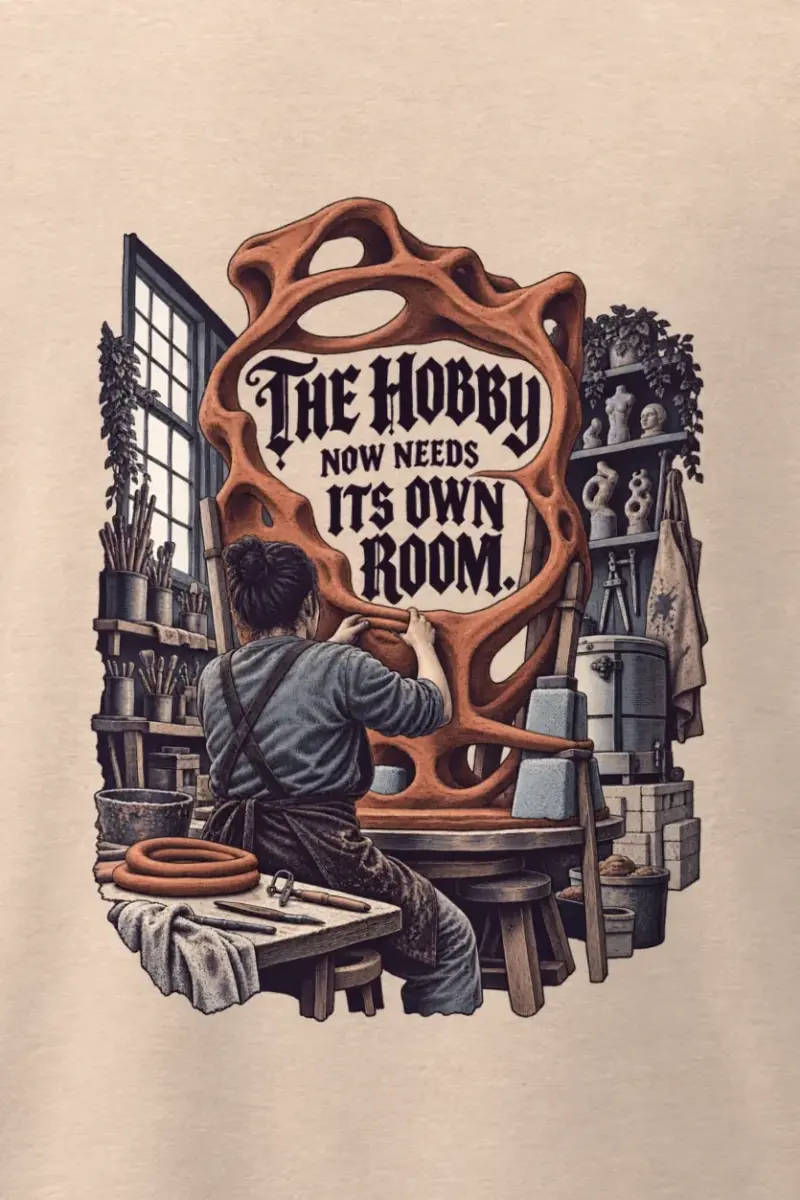 "The Hobby Now Needs Its Own Room" Men’s Oversized Heavyweight Crewneck T-Shirt - the graphic up close