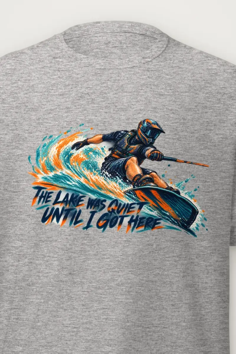 "The Lake Was Quiet Until I Got Here" Heavyweight Unisex Crewneck T-shirt - the graphic up close