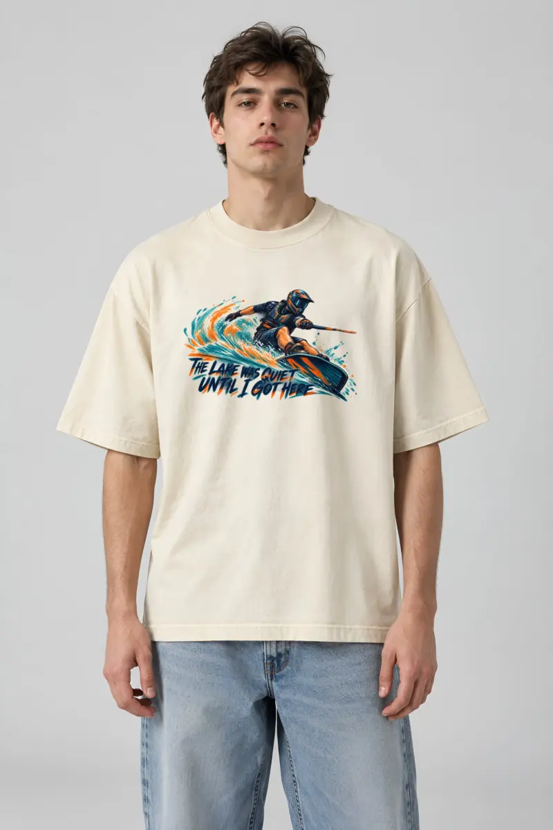 “The Lake Was Quiet Until I Got Here” Men’s Oversized Heavyweight Crewneck T-Shirt