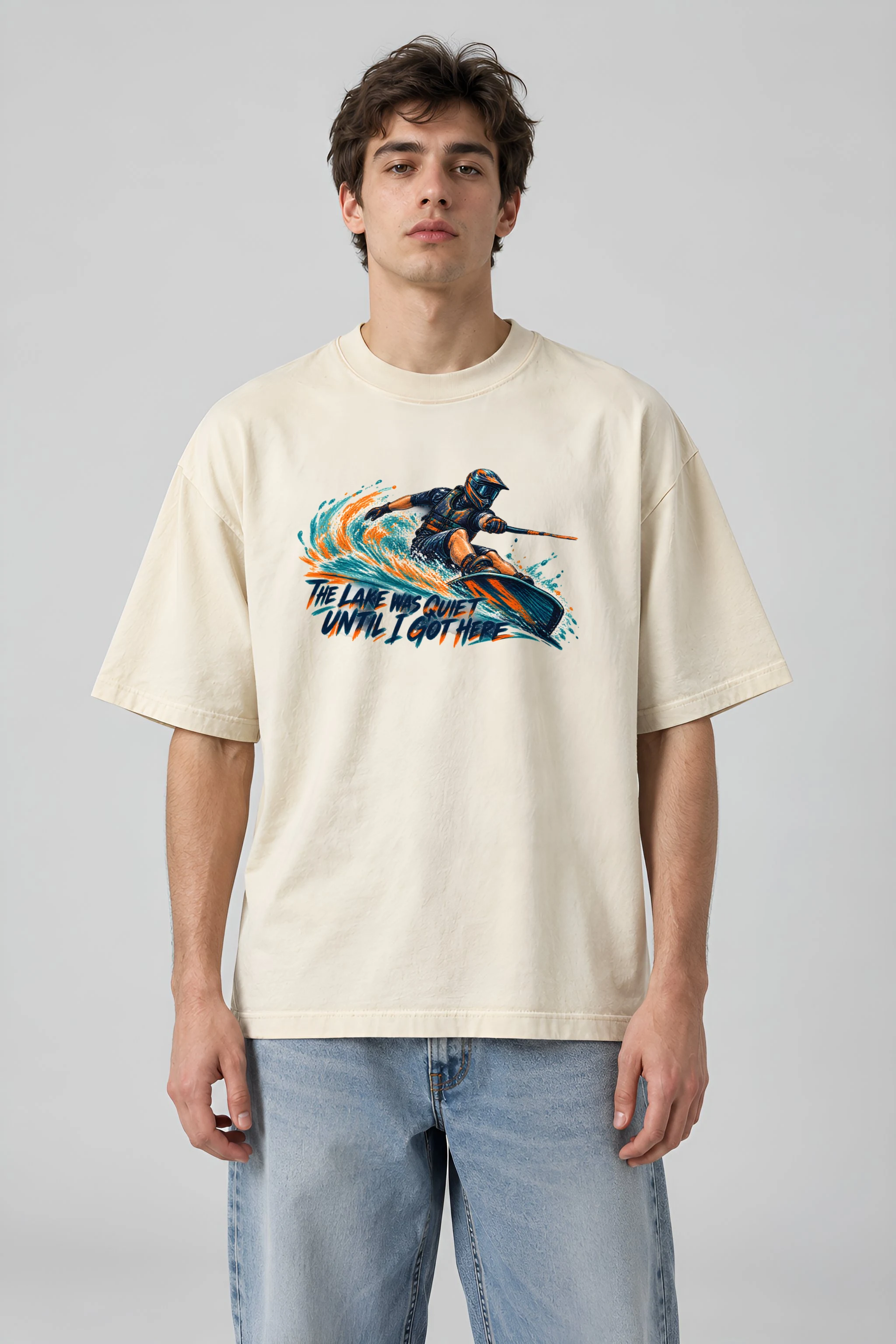 "The Lake Was Quiet Until I Got Here" Men's Oversized Heavyweight Crewneck T-Shirt