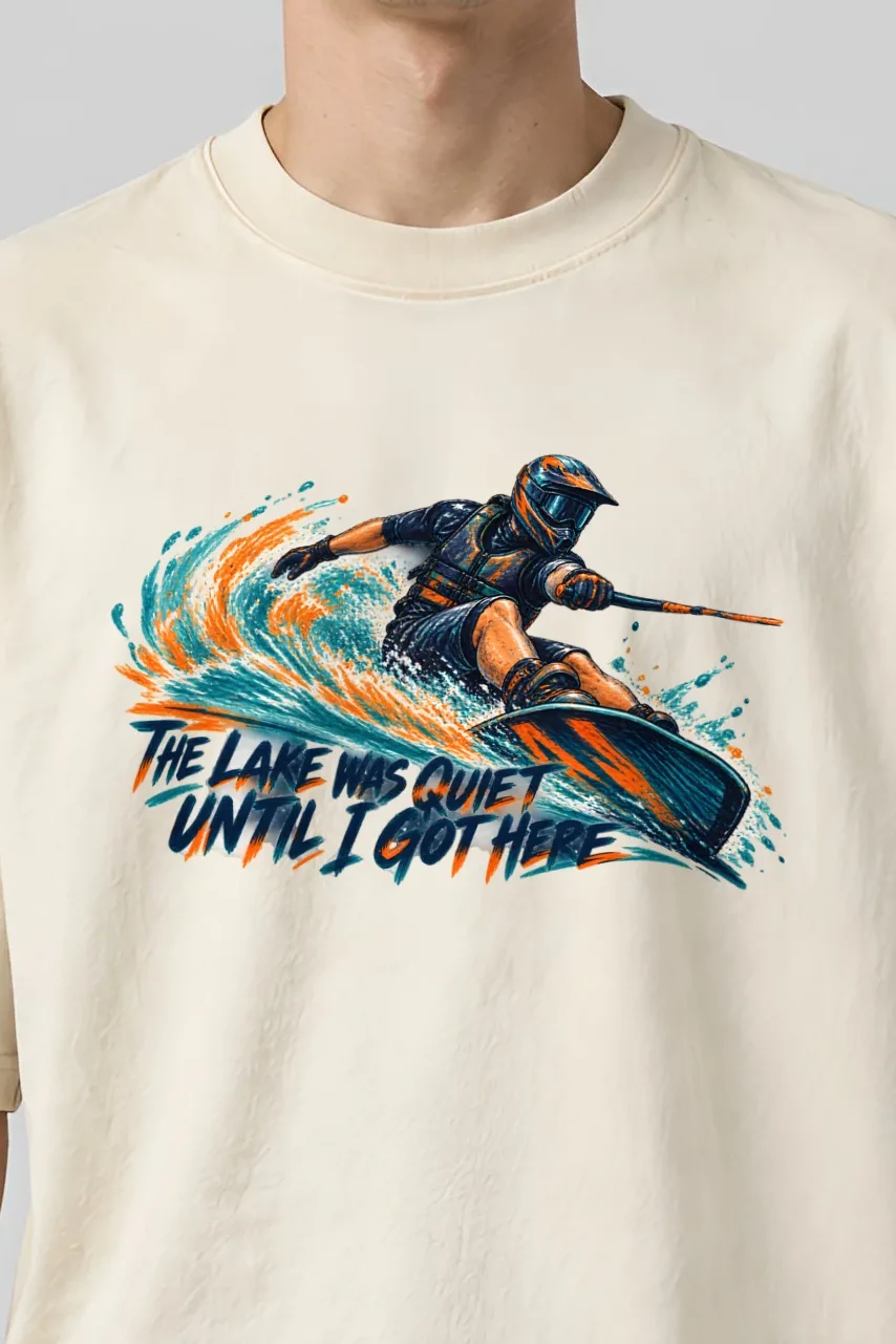 "The Lake Was Quiet Until I Got Here" Men’s Oversized Heavyweight Crewneck T-Shirt - the graphic up close