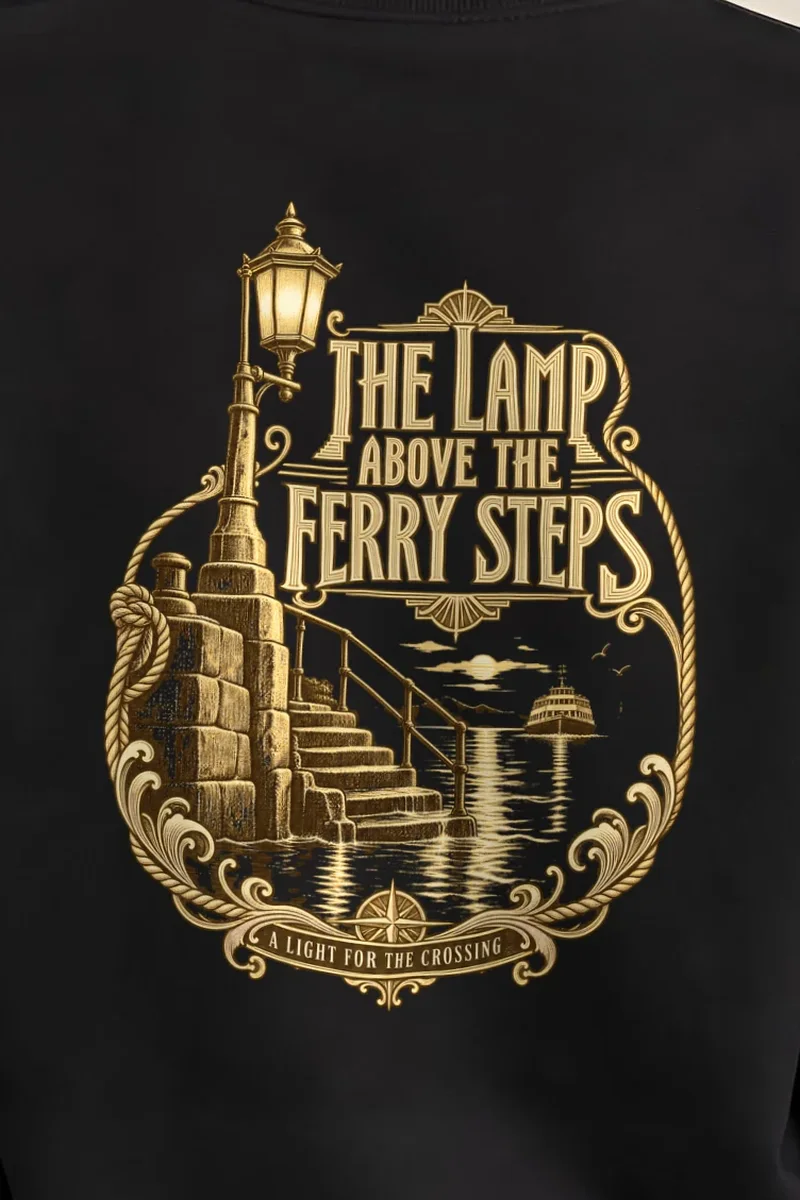 "The Lamp Above the Ferry Steps" Heavy Blend Unisex Crewneck Sweatshirt - the graphic up close