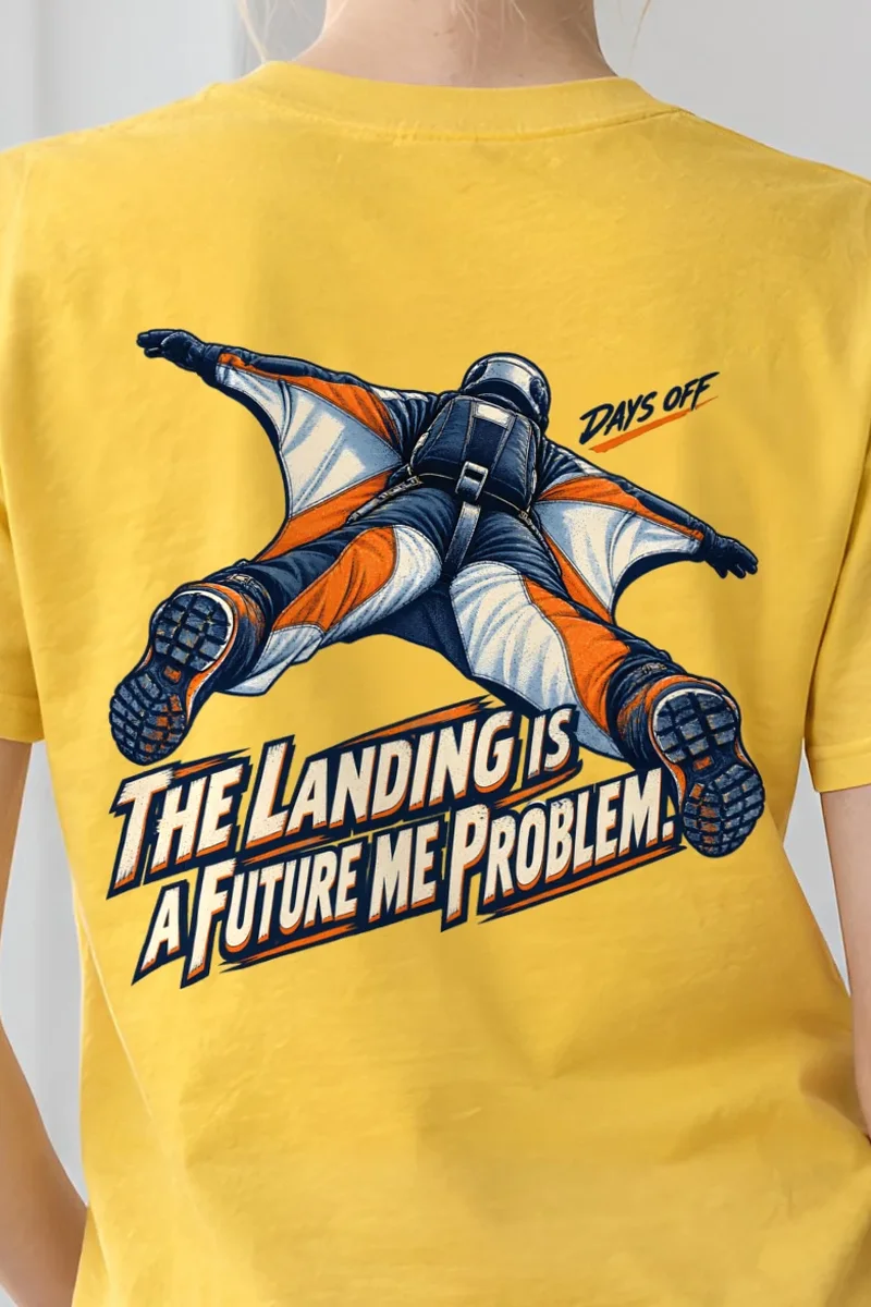 "The Landing Is a Future Me Problem" Heavyweight Unisex Crewneck T-shirt - the graphic up close