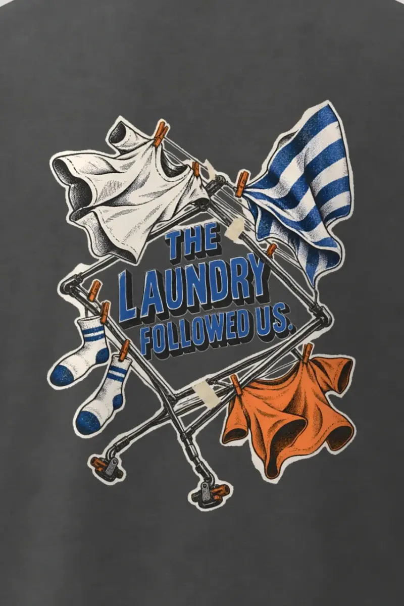 "The Laundry Followed Us" Men’s Oversized Heavyweight Crewneck T-Shirt - the graphic up close