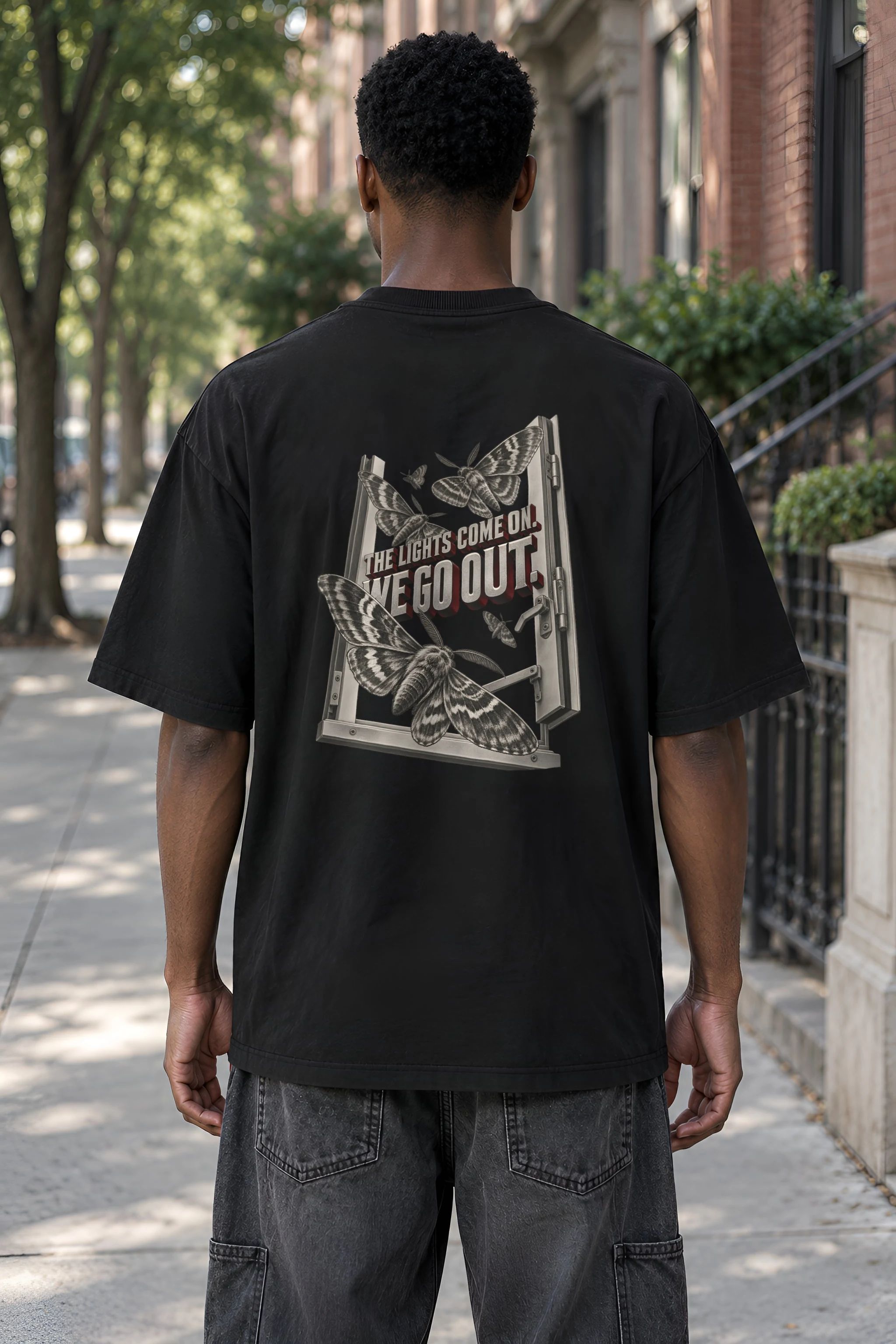 "The Lights Come On, We Go Out" Men's Oversized Heavyweight Crewneck T-Shirt