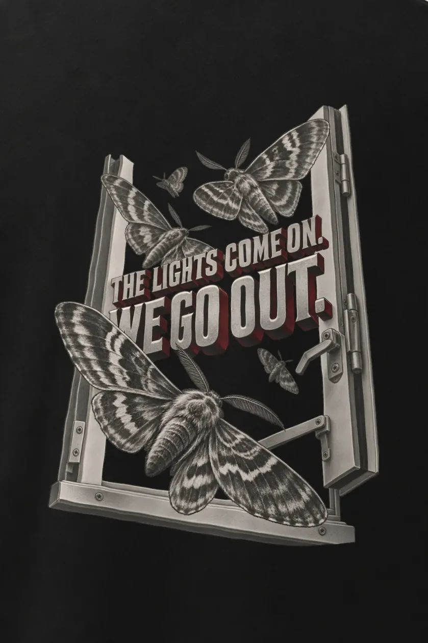 "The Lights Come On, We Go Out" Men’s Oversized Heavyweight Crewneck T-Shirt - the graphic up close