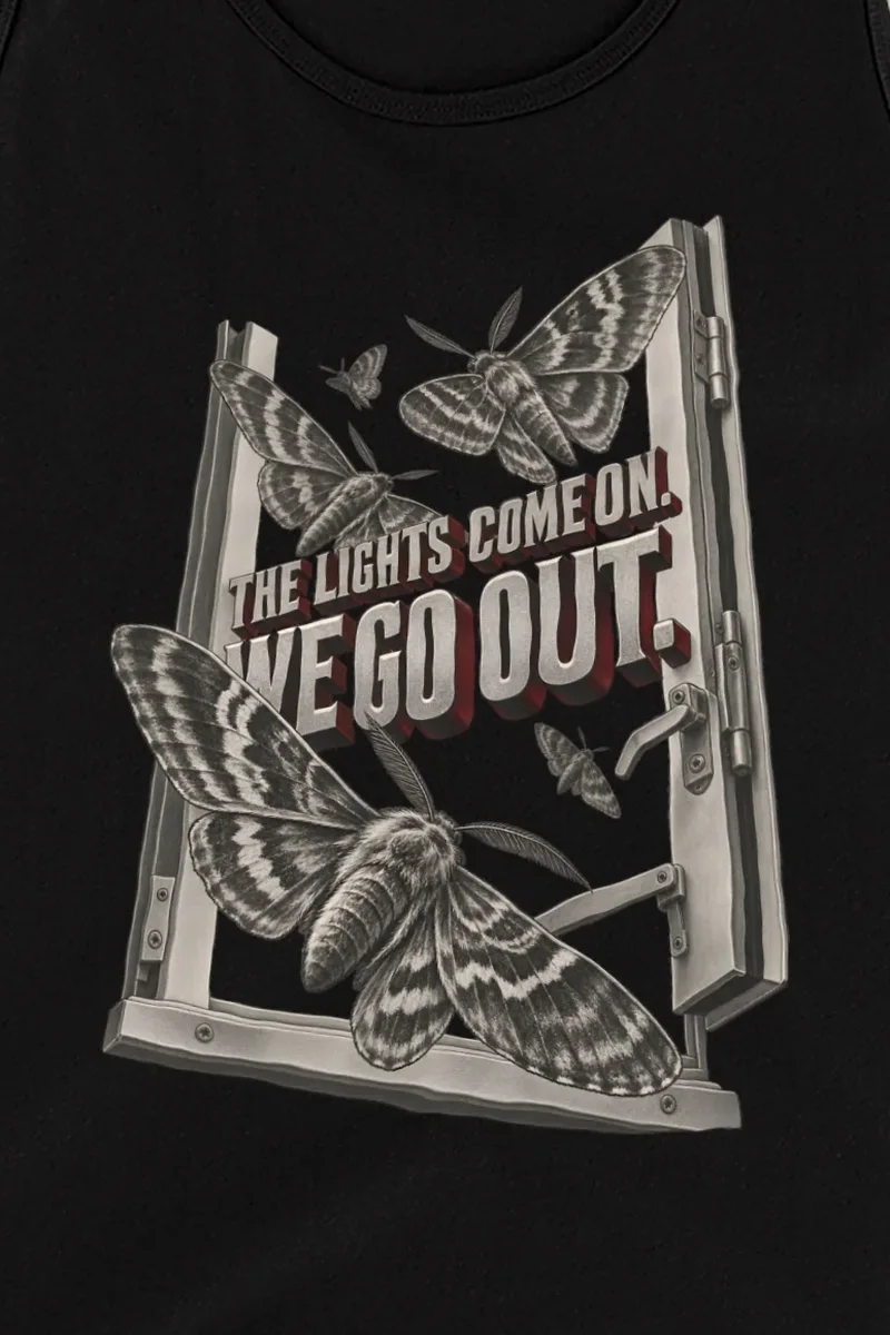 "The Lights Come On, We Go Out" Unisex Jersey Tank - the graphic up close
