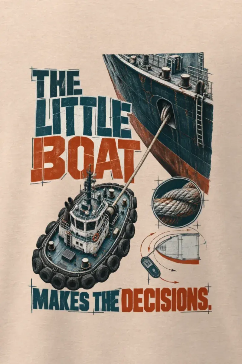 "The Little Boat Makes the Decisions" Men’s Oversized Heavyweight Crewneck T-Shirt - the graphic up close