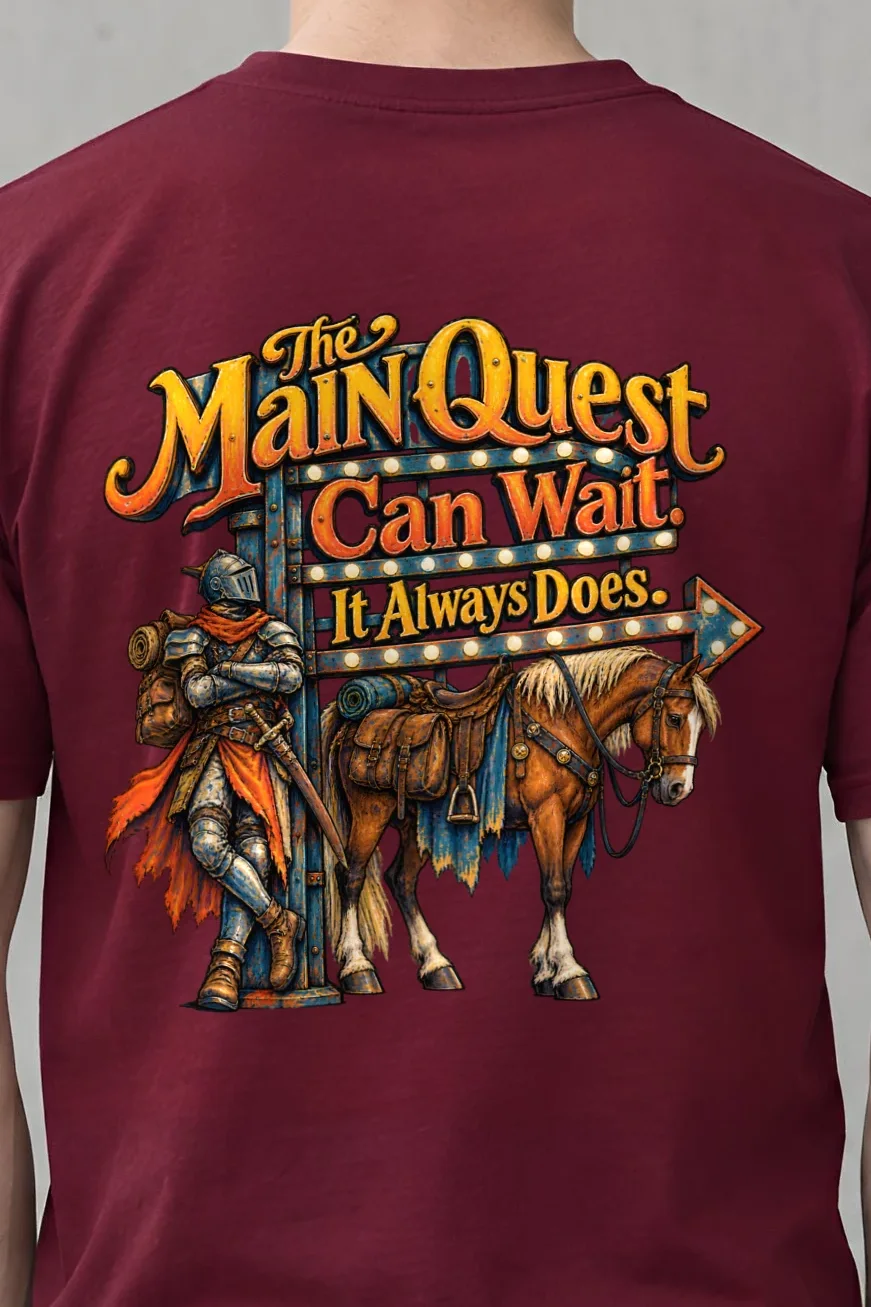 "The Main Quest Can Wait" Heavyweight Unisex Crewneck T-shirt - the graphic up close