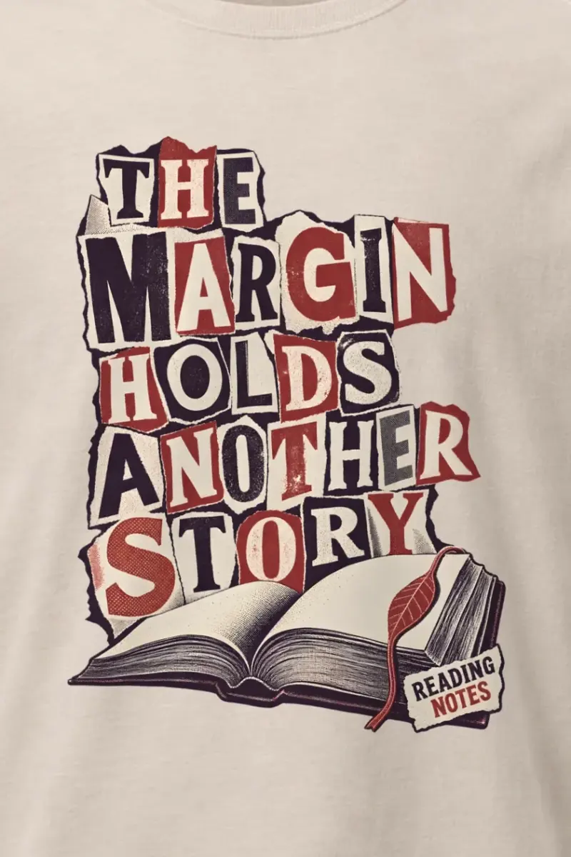 "THE MARGIN HOLDS ANOTHER STORY" Heavyweight Unisex Crewneck T-shirt - the graphic up close