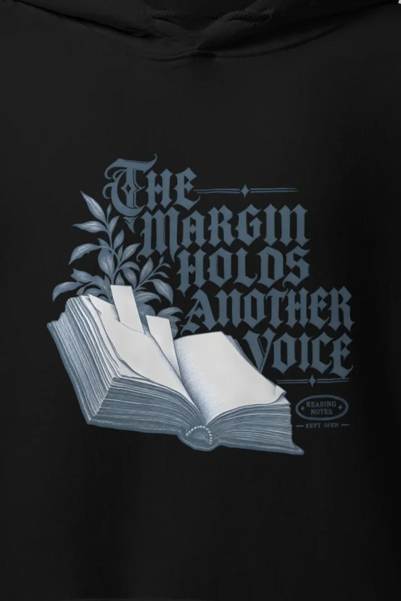 "The Margin Holds Another Voice" Heavy Blend Unisex Pullover Hoodie - the graphic up close