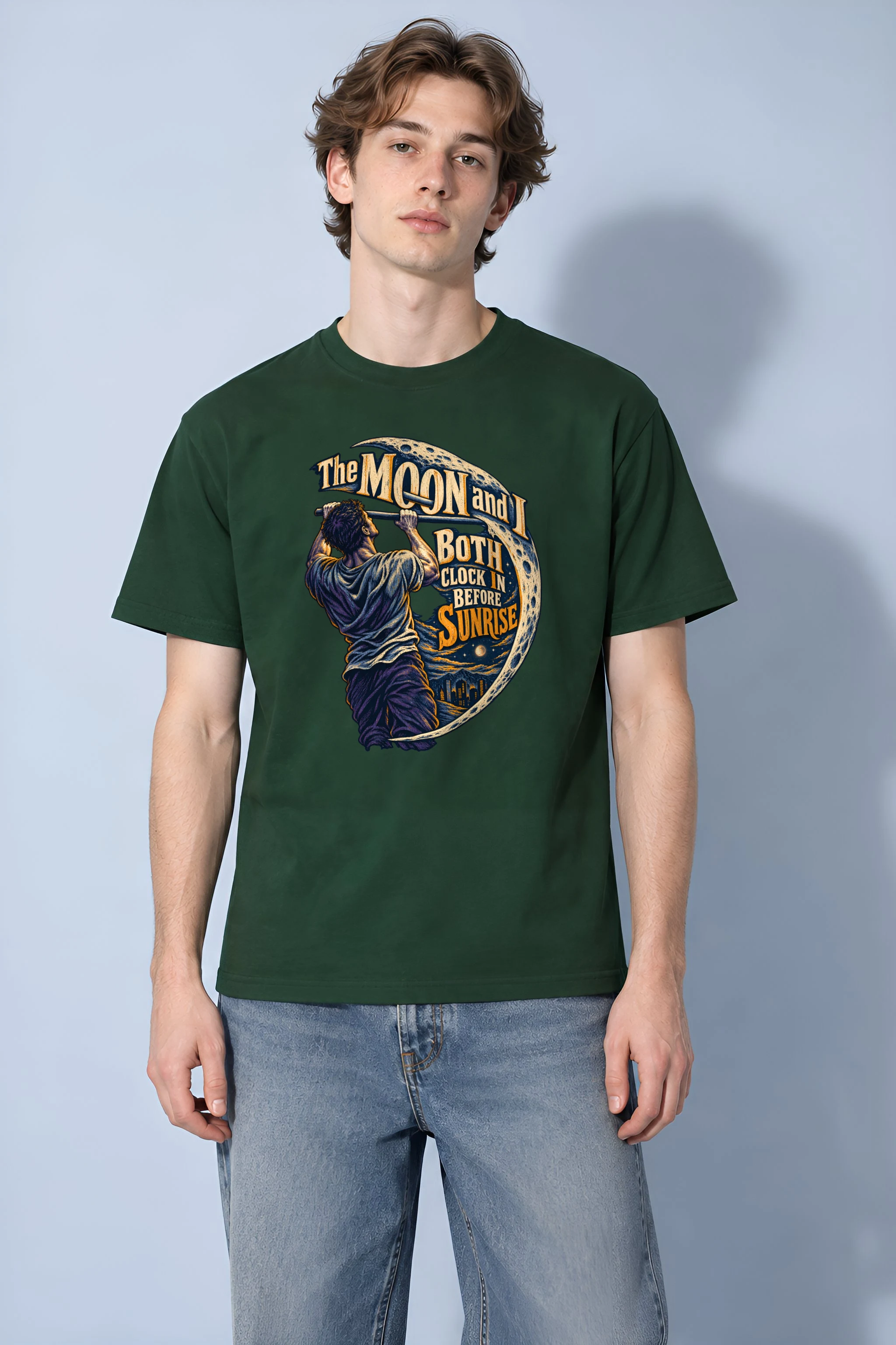 "The Moon and I Both Clock In" Heavyweight Unisex Crewneck T-shirt