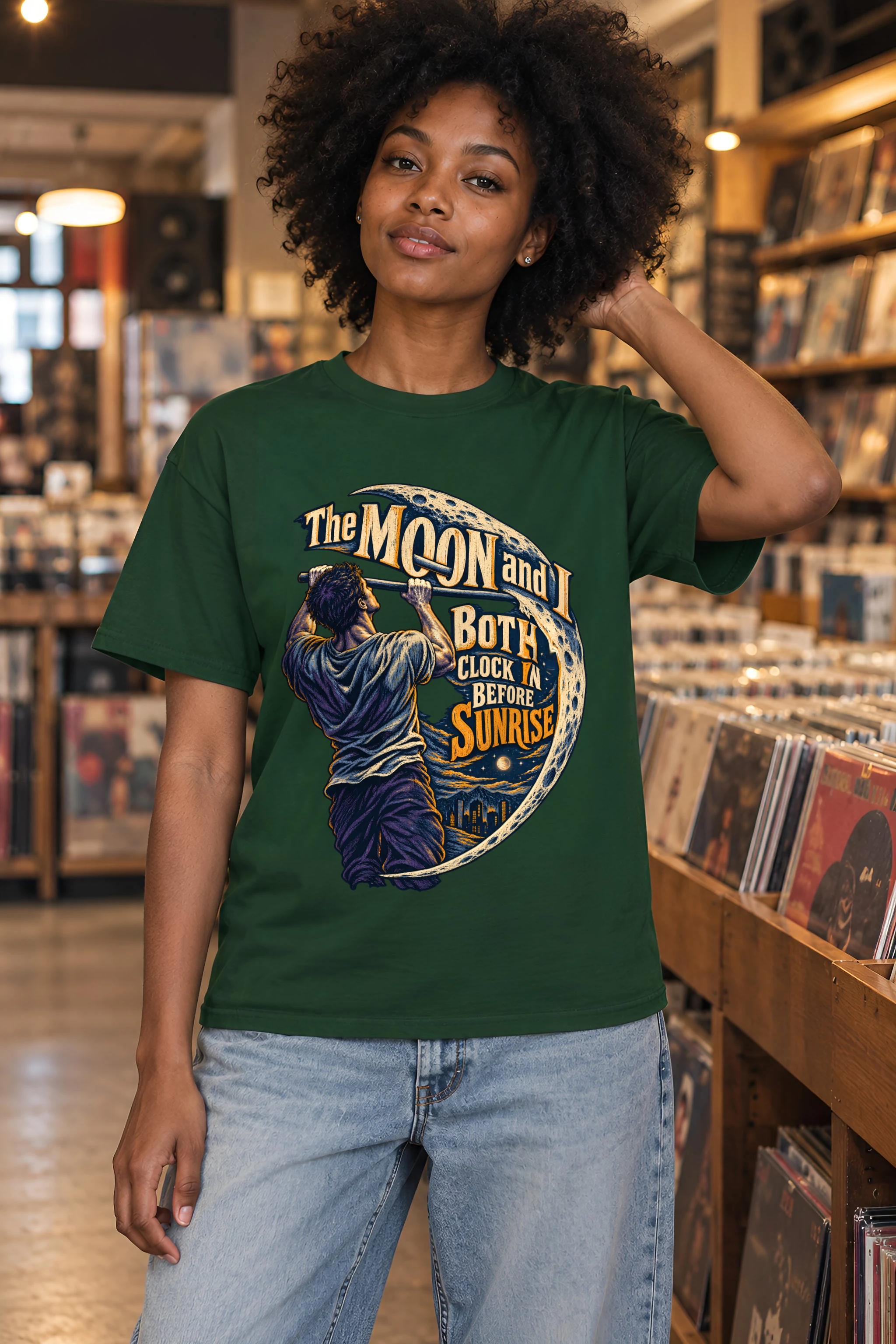"The Moon and I Both Clock In" Heavyweight Unisex Crewneck T-shirt