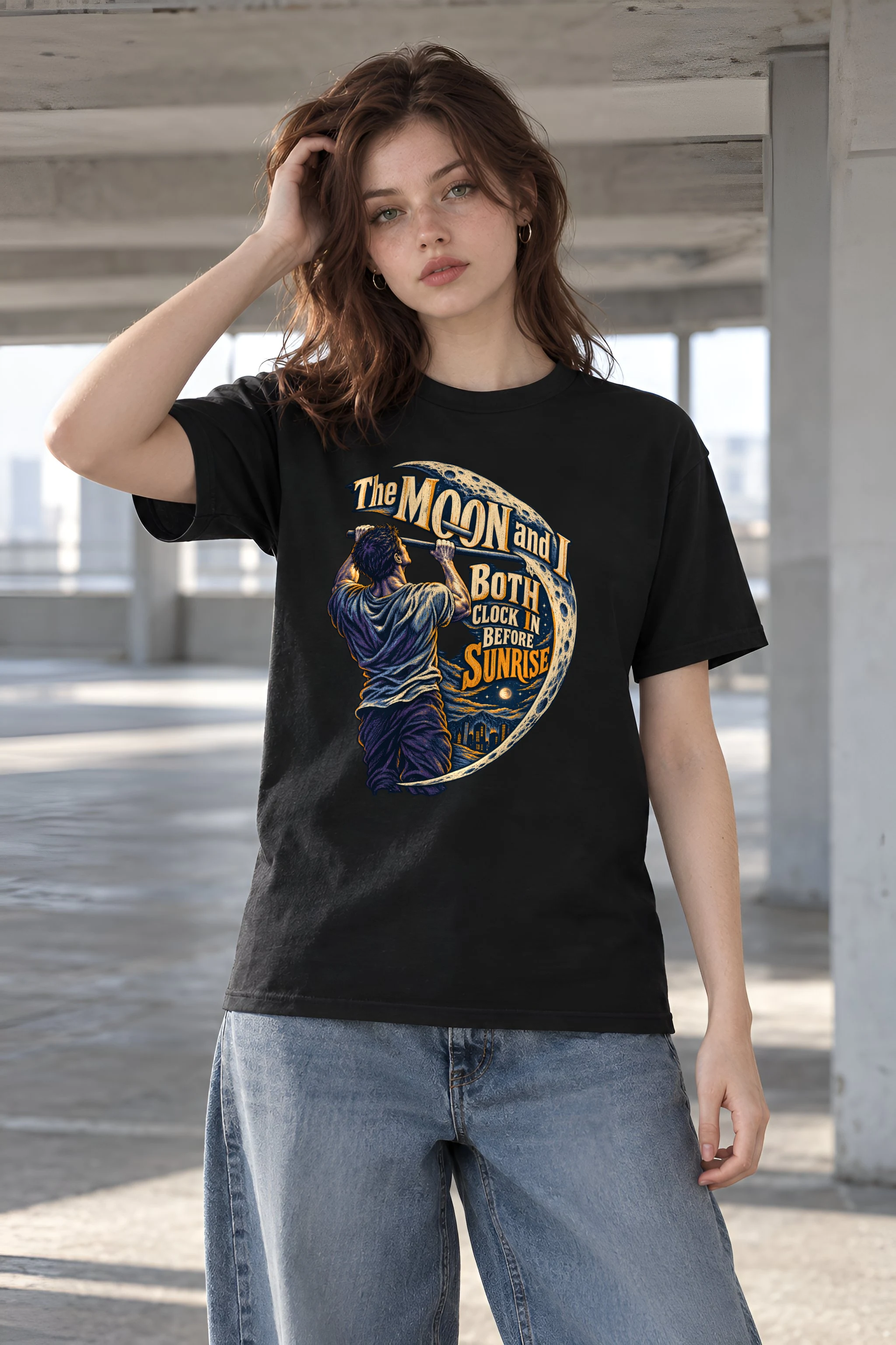 "The Moon and I Both Clock In" Heavyweight Unisex Crewneck T-shirt