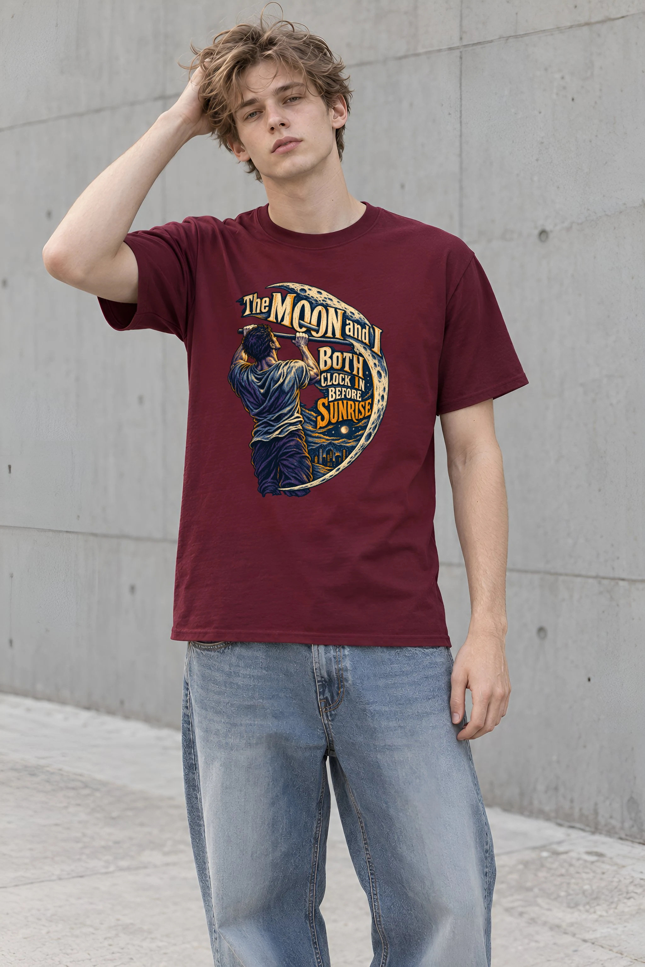 "The Moon and I Both Clock In" Heavyweight Unisex Crewneck T-shirt