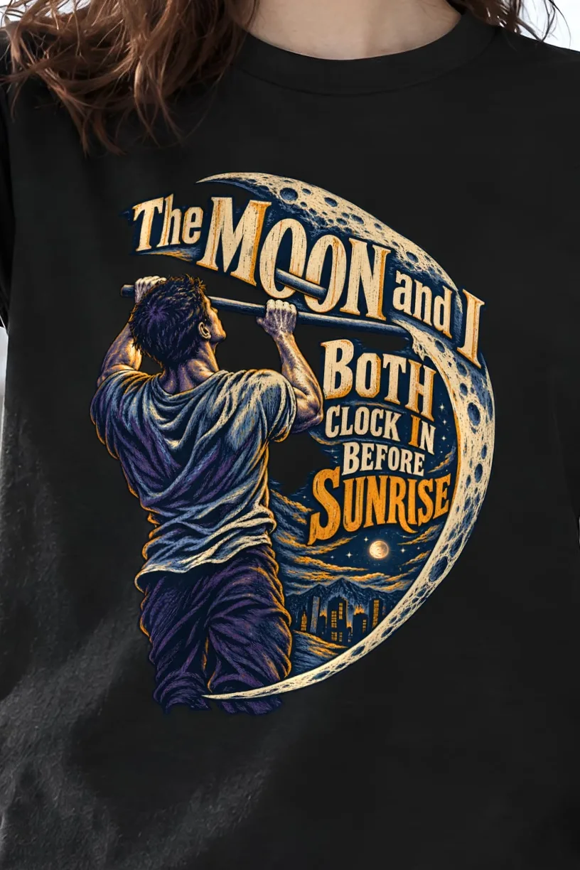 "The Moon and I Both Clock In" Heavyweight Unisex Crewneck T-shirt - the graphic up close