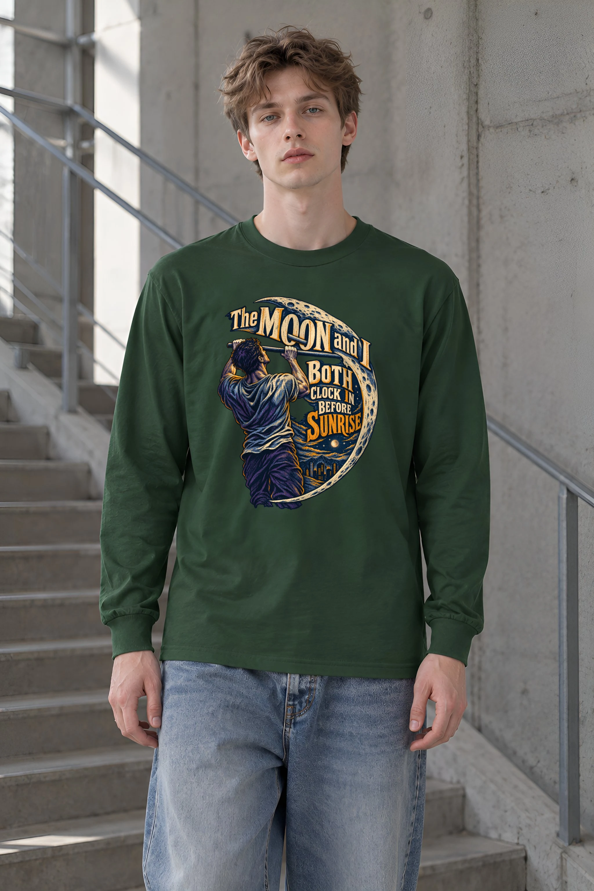 "The Moon and I Both Clock In" Unisex Longsleeve T-shirt