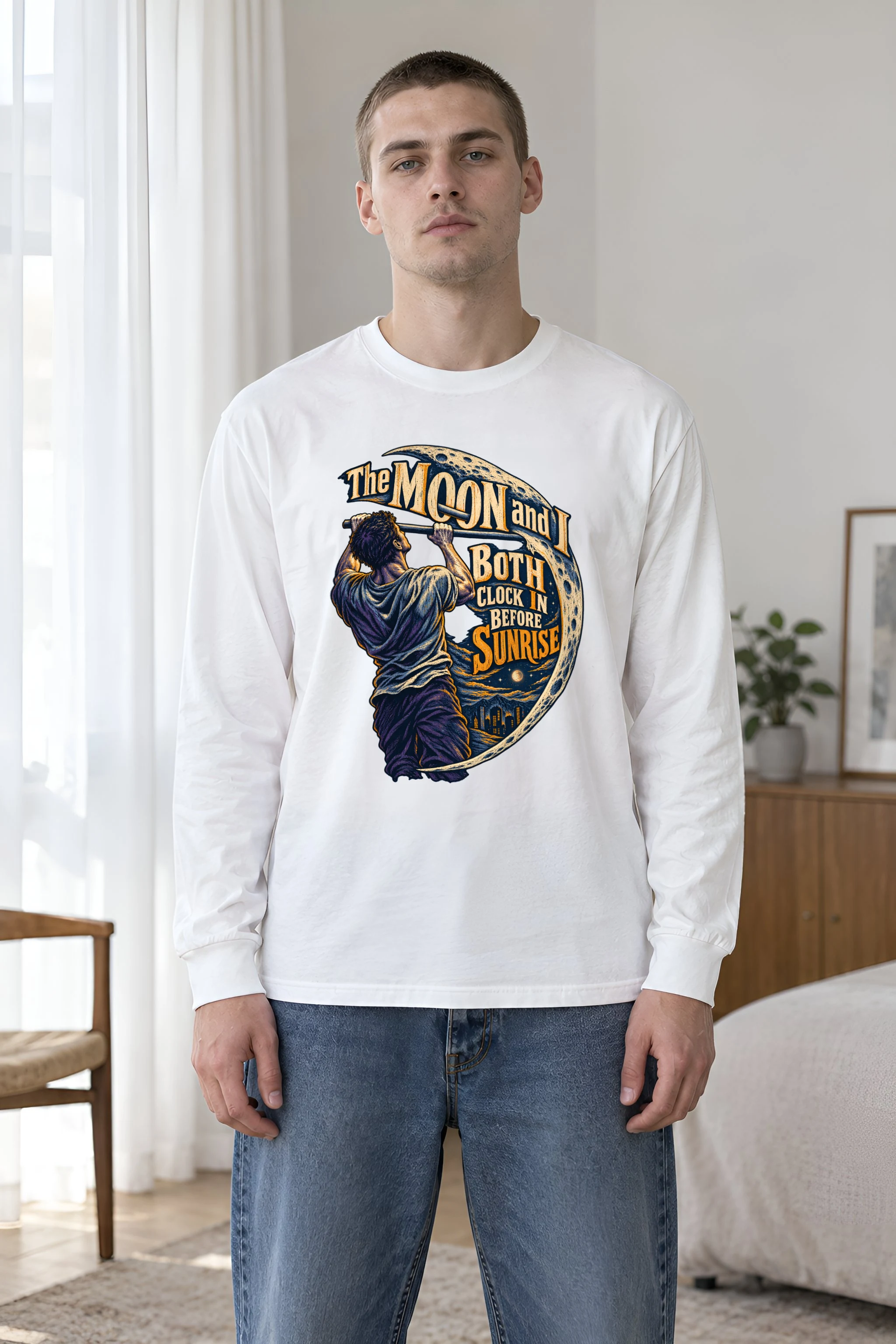 "The Moon and I Both Clock In" Unisex Longsleeve T-shirt