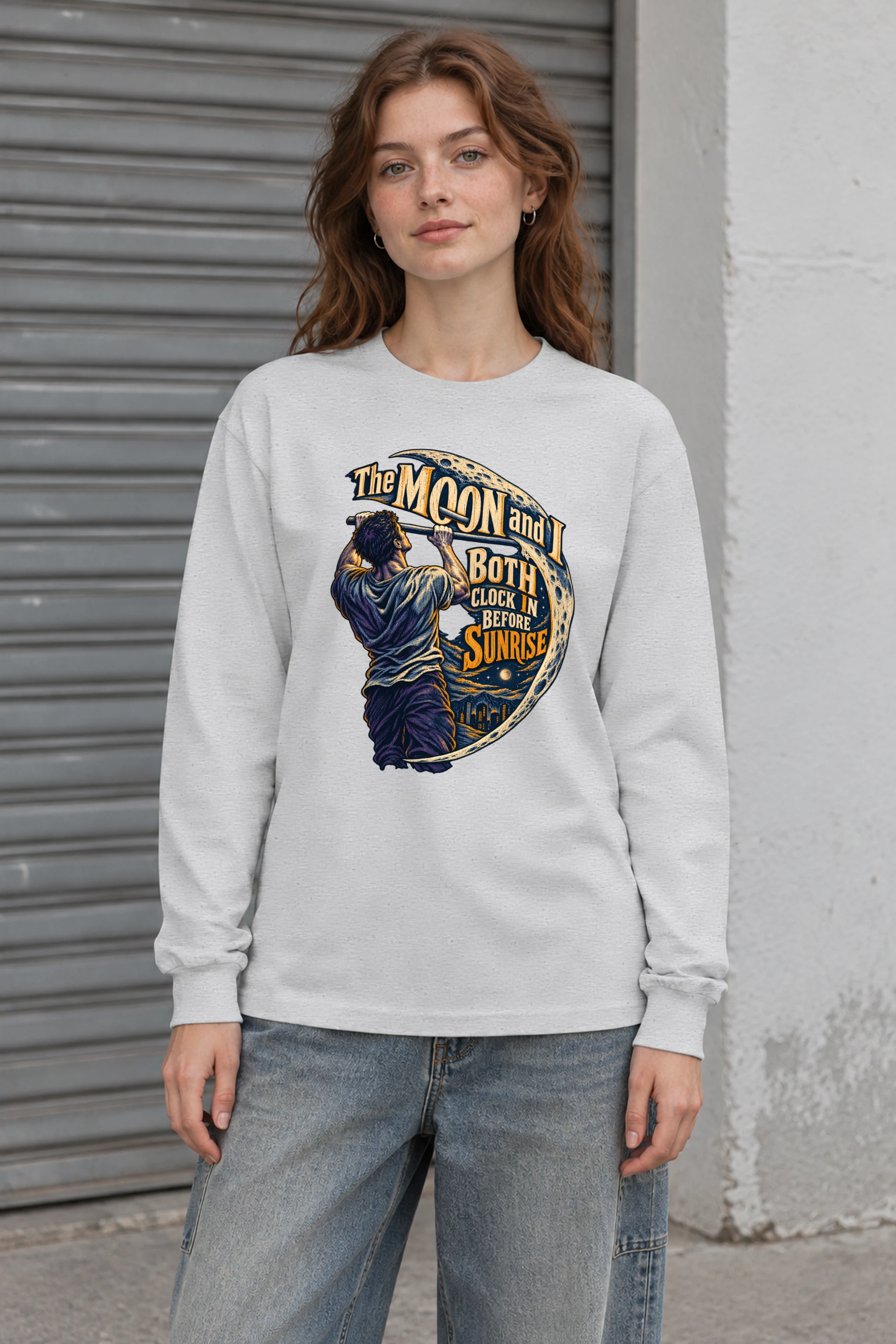 "The Moon and I Both Clock In" Unisex Longsleeve T-shirt