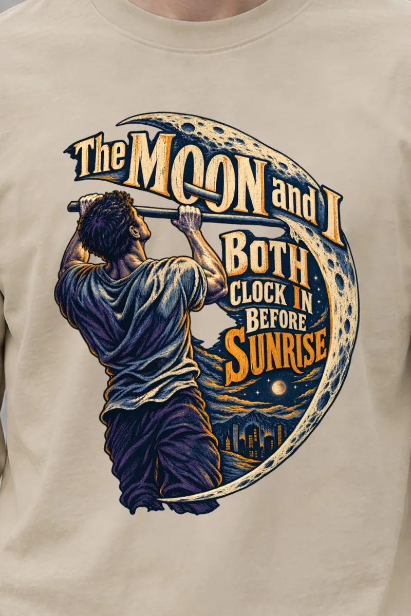 "The Moon and I Both Clock In" Unisex Longsleeve T-shirt - the graphic up close