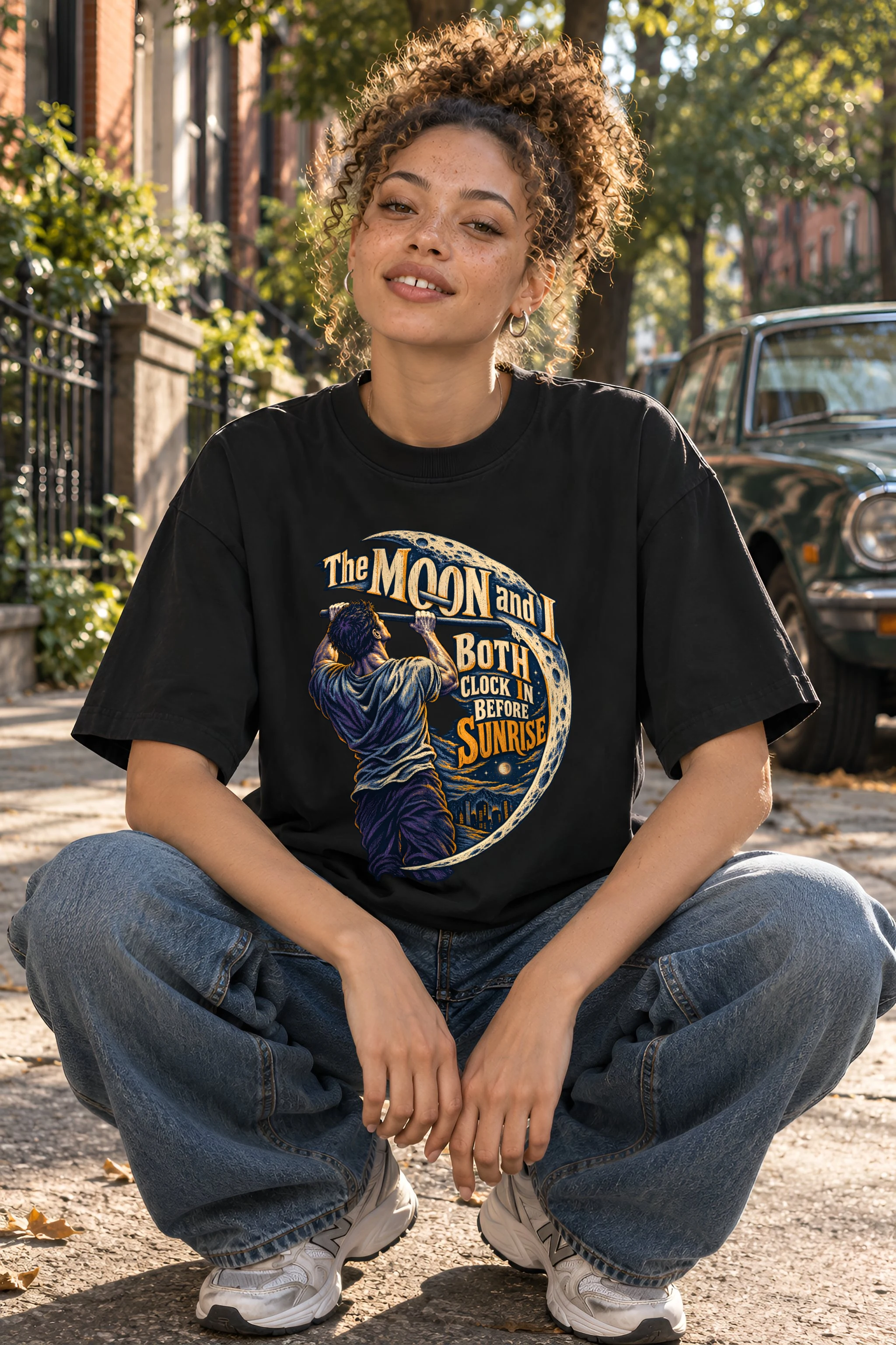 "The Moon and I Both Clock In" Unisex Oversized Heavyweight Crewneck T-Shirt