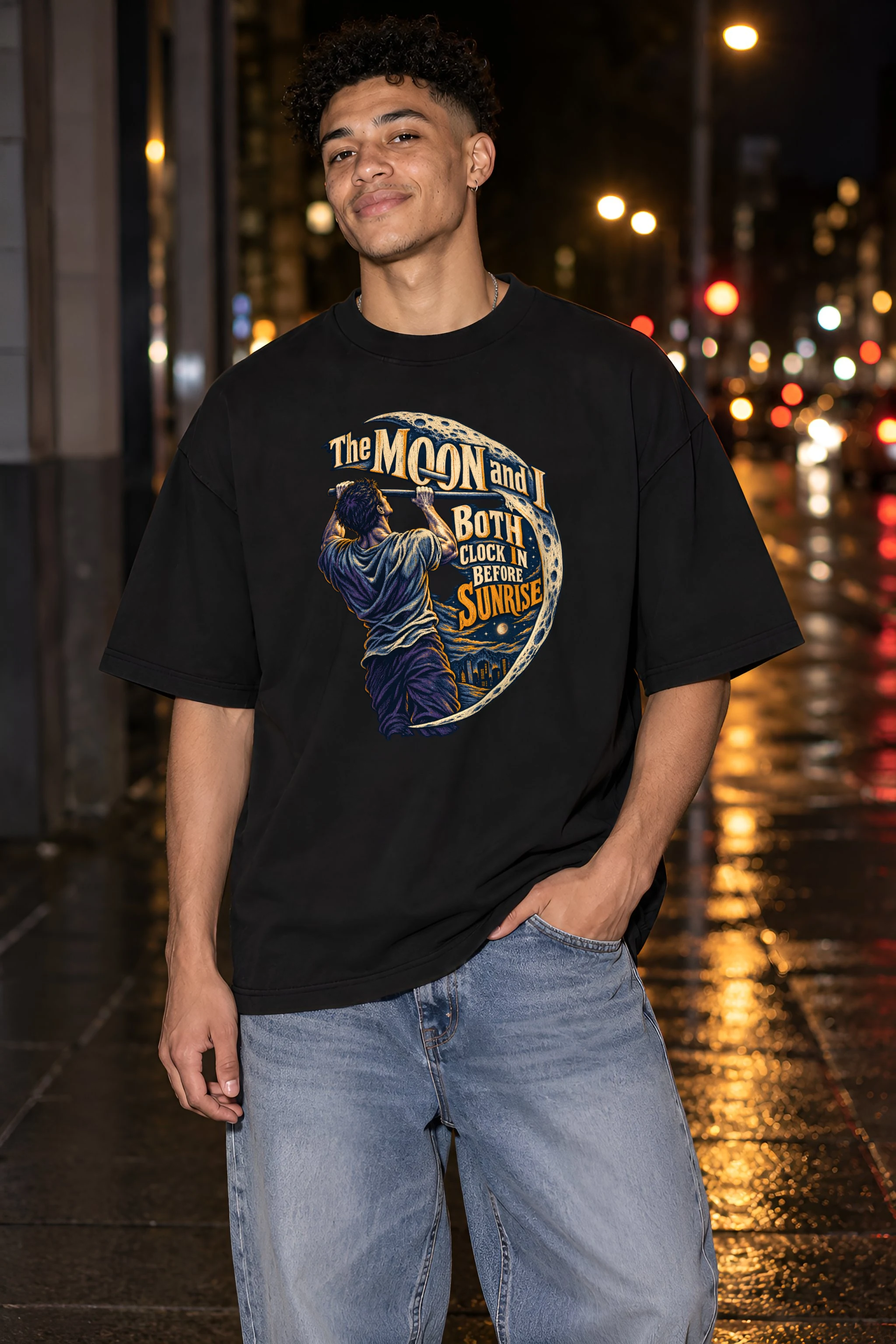 "The Moon and I Both Clock In" Unisex Oversized Heavyweight Crewneck T-Shirt