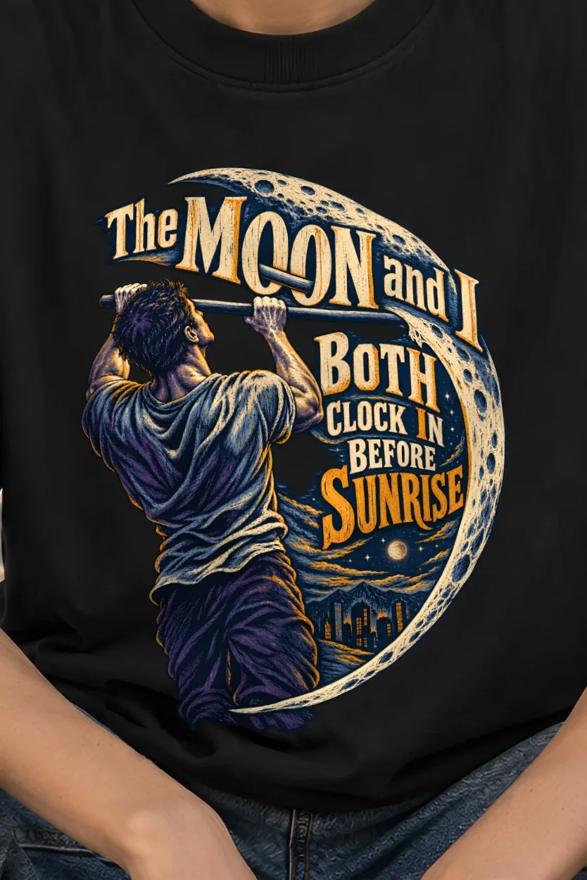 "The Moon and I Both Clock In" Unisex Oversized Heavyweight Crewneck T-Shirt - the graphic up close