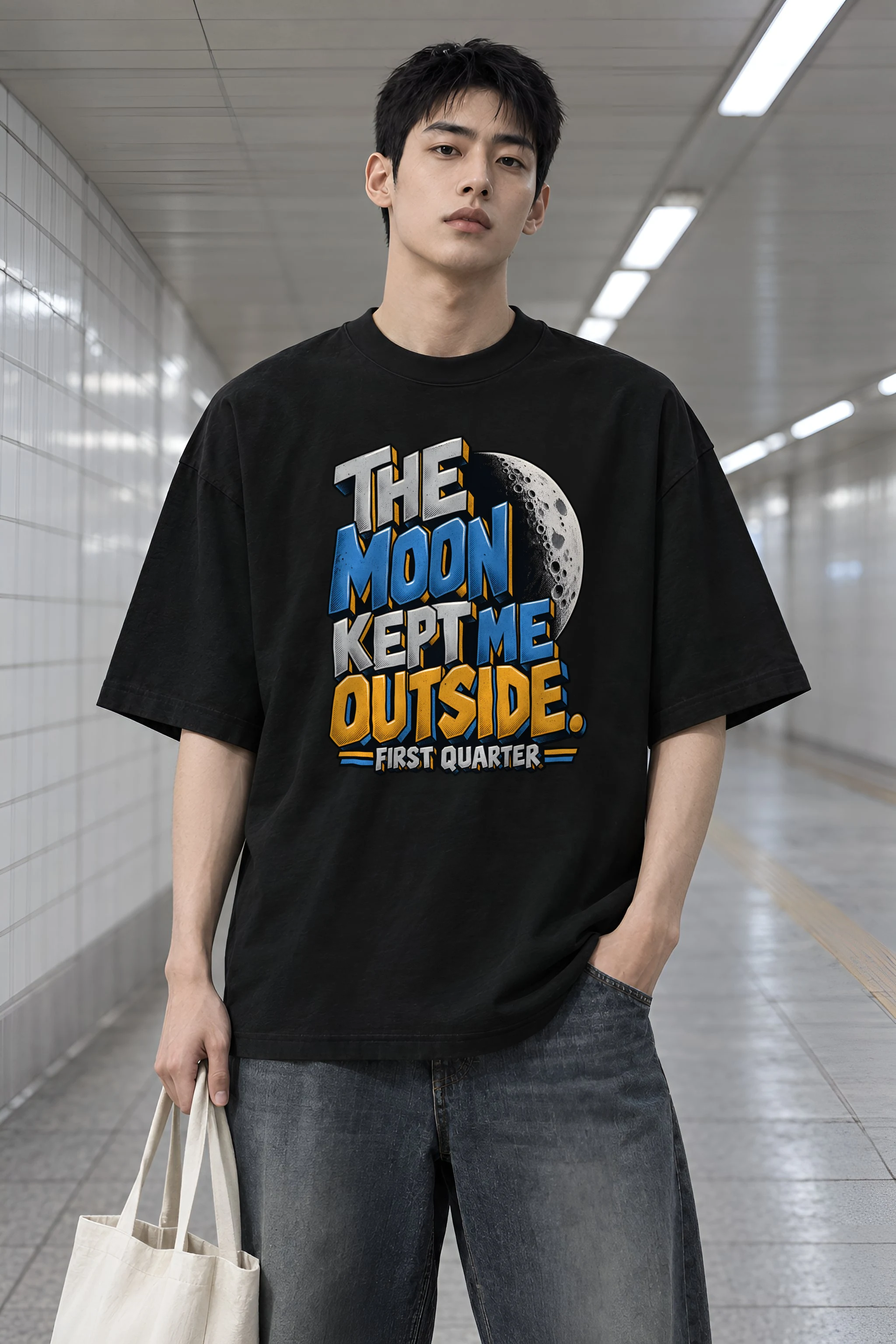"The Moon Kept Me Outside" Men's Oversized Heavyweight Crewneck T-Shirt