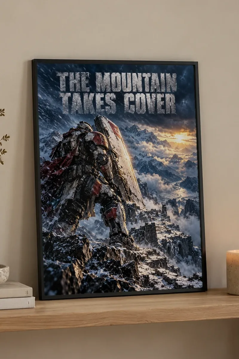 "The Mountain Takes Cover" Premium Wooden Framed Poster - the graphic up close