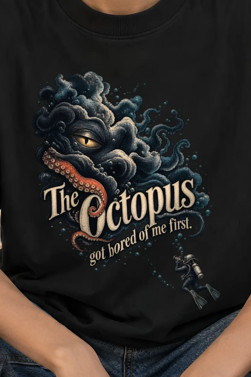 "The Octopus Got Bored" Unisex Oversized Heavyweight Crewneck T-Shirt - the graphic up close