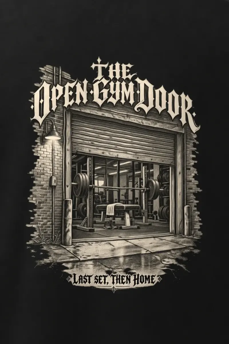 "The Open Gym Door" Men’s Oversized Heavyweight Crewneck T-Shirt - the graphic up close