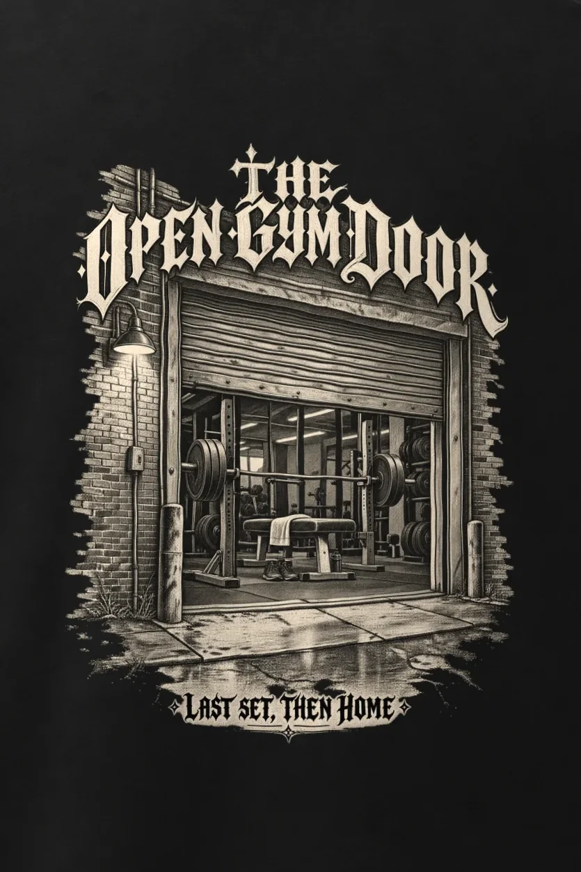 "The Open Gym Door" Men’s Oversized Heavyweight Crewneck T-Shirt - the graphic up close