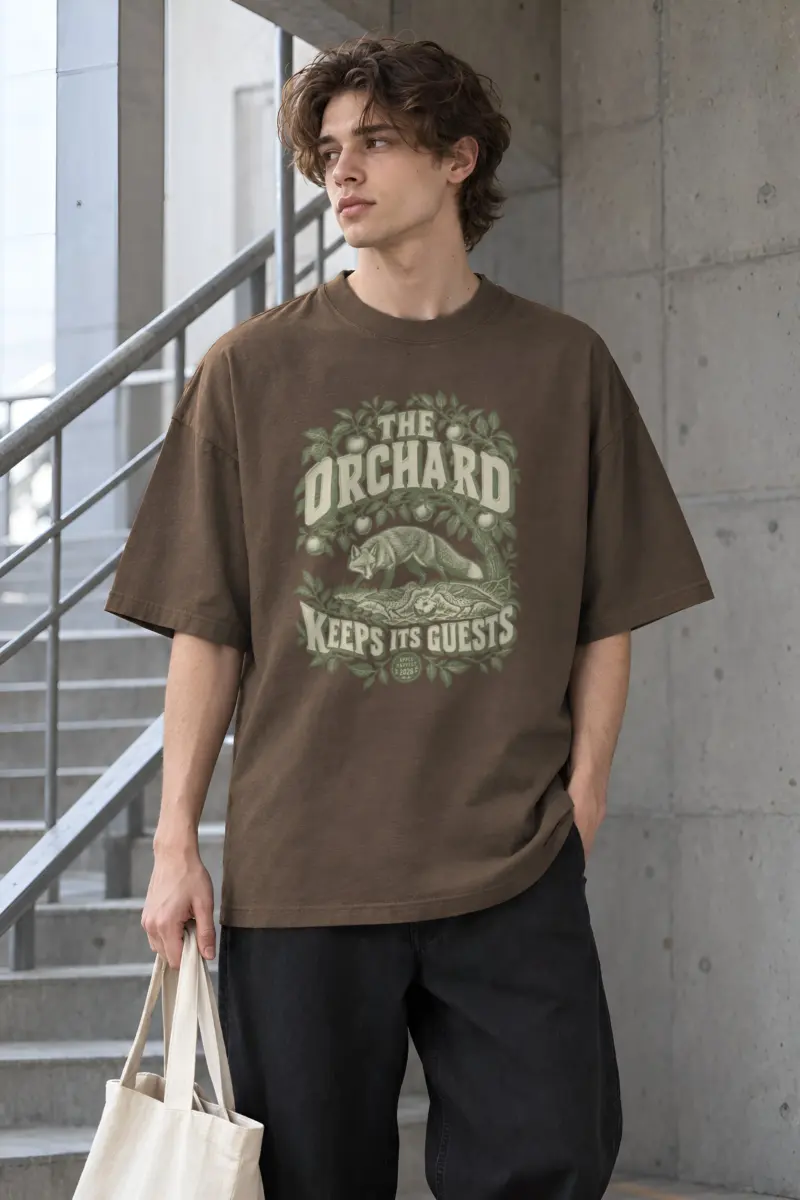 “The Orchard Keeps Its Guests” Men’s Oversized Heavyweight Crewneck T-Shirt