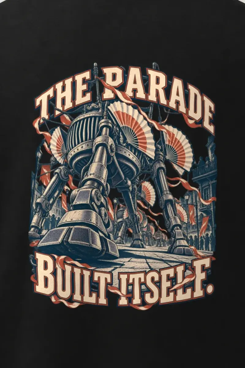 "The Parade Built Itself" Men’s Oversized Heavyweight Crewneck T-Shirt - the graphic up close
