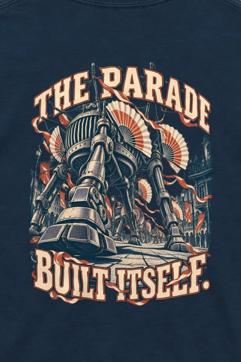 "The Parade Built Itself" Unisex Longsleeve T-shirt - the graphic up close