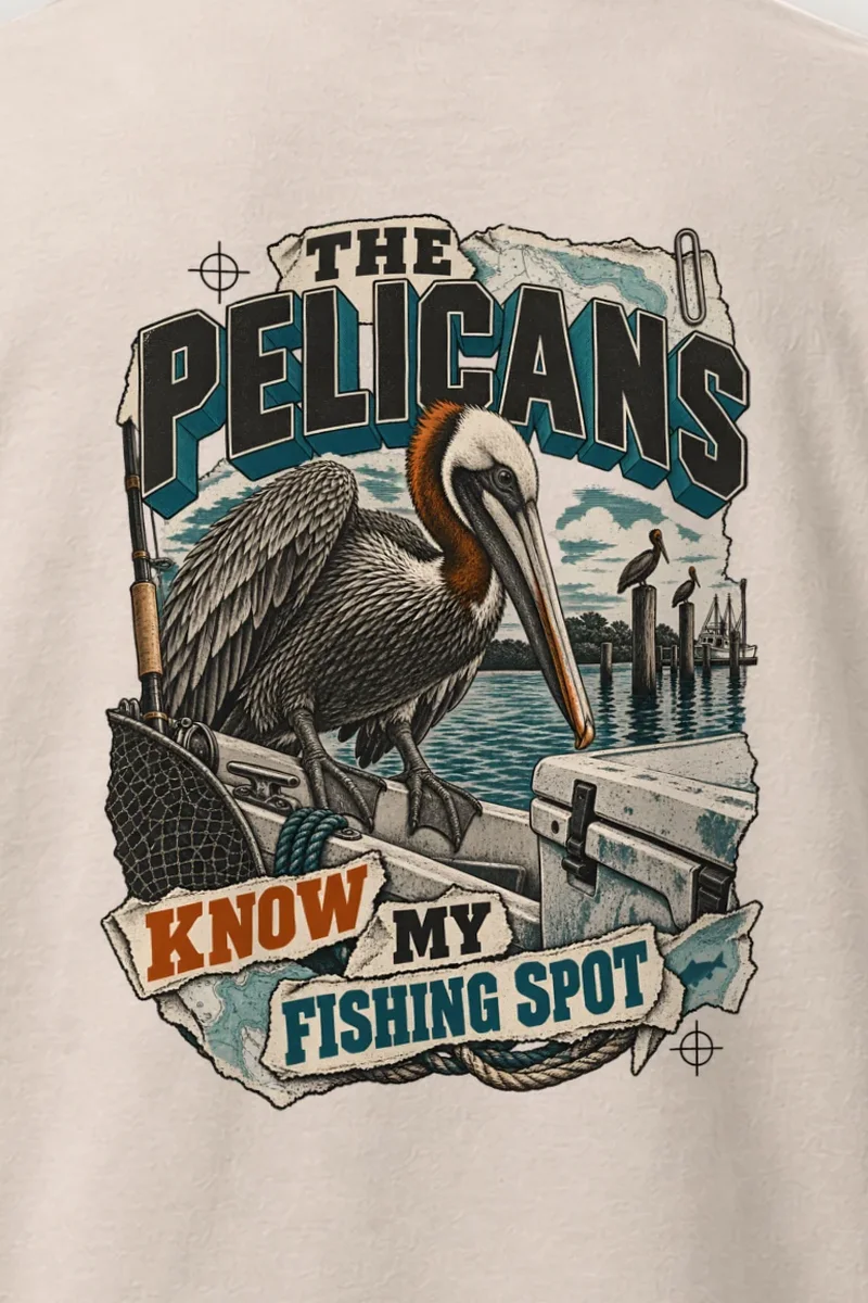 "The Pelicans Know My Fishing Spot" Heavyweight Unisex Crewneck T-shirt - the graphic up close