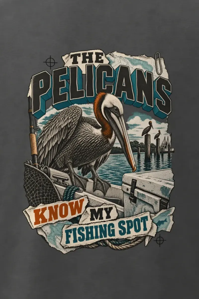 "The Pelicans Know My Fishing Spot" Men’s Oversized Heavyweight Crewneck T-Shirt - the graphic up close
