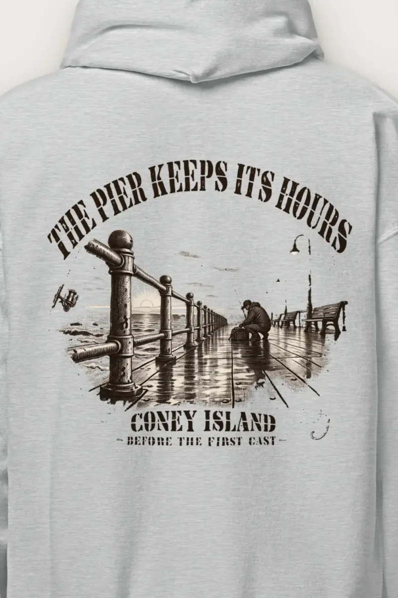 "The Pier Keeps Its Hours" Heavy Blend Unisex Pullover Hoodie - the graphic up close