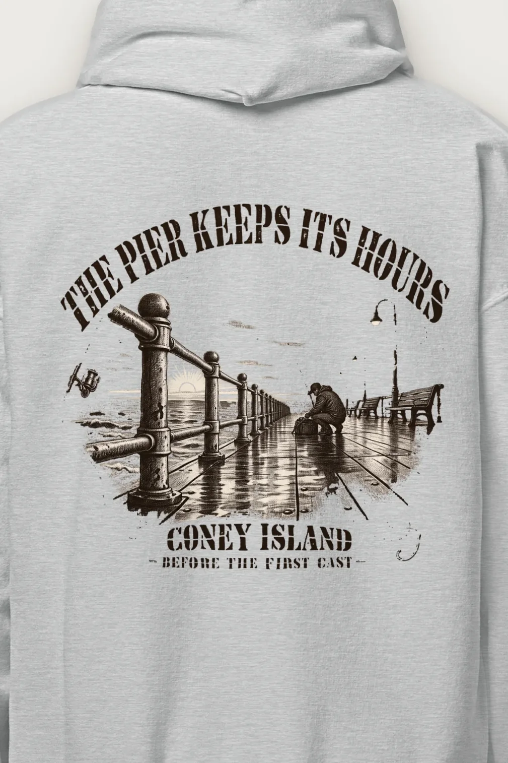 "The Pier Keeps Its Hours" Heavy Blend Unisex Pullover Hoodie - the graphic up close