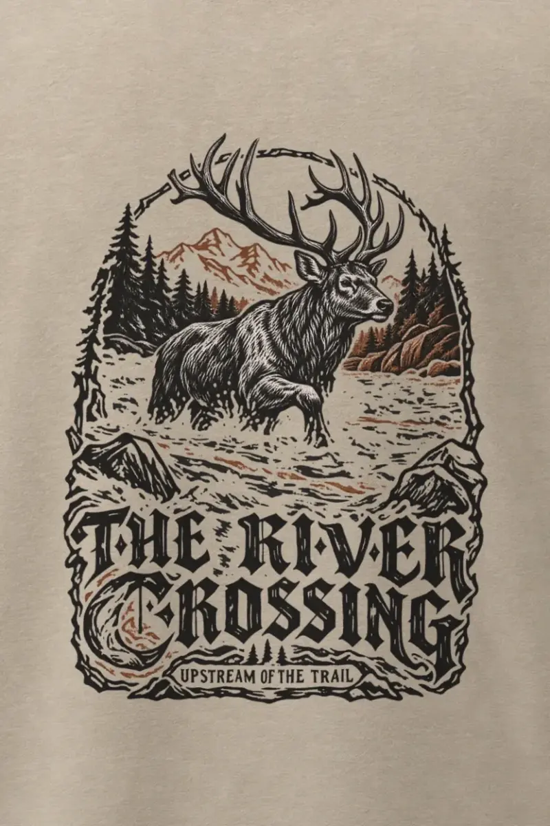 "The River Crossing" Men’s Oversized Heavyweight Crewneck T-Shirt - the graphic up close