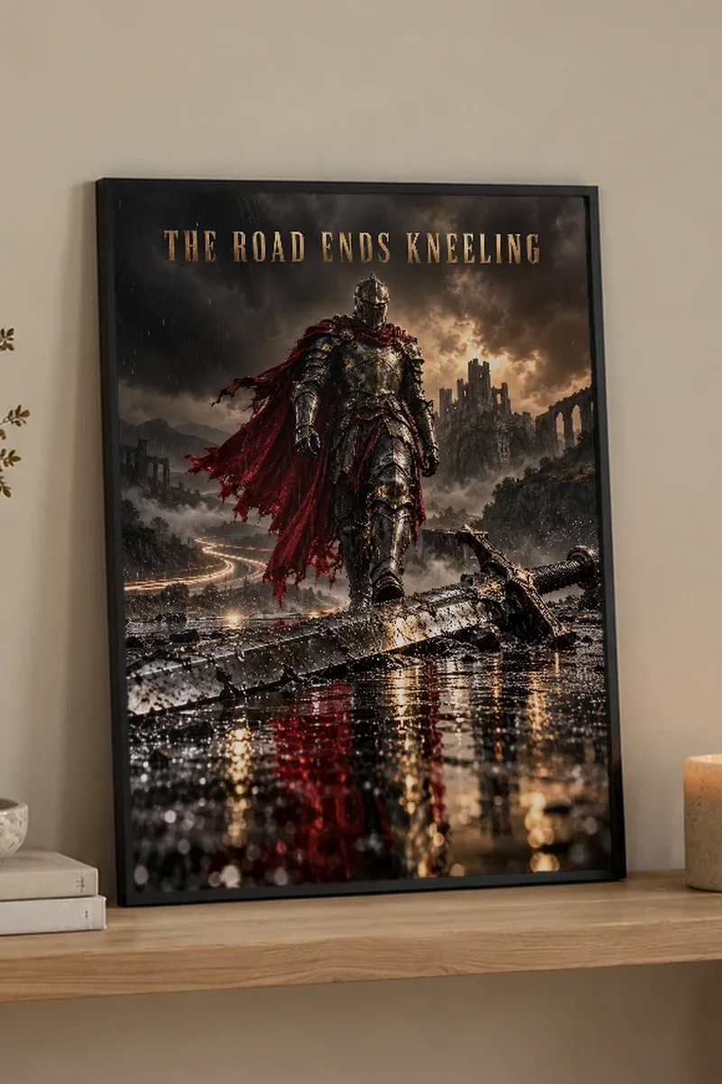 "The Road Ends Kneeling" Premium Wooden Framed Poster - the graphic up close