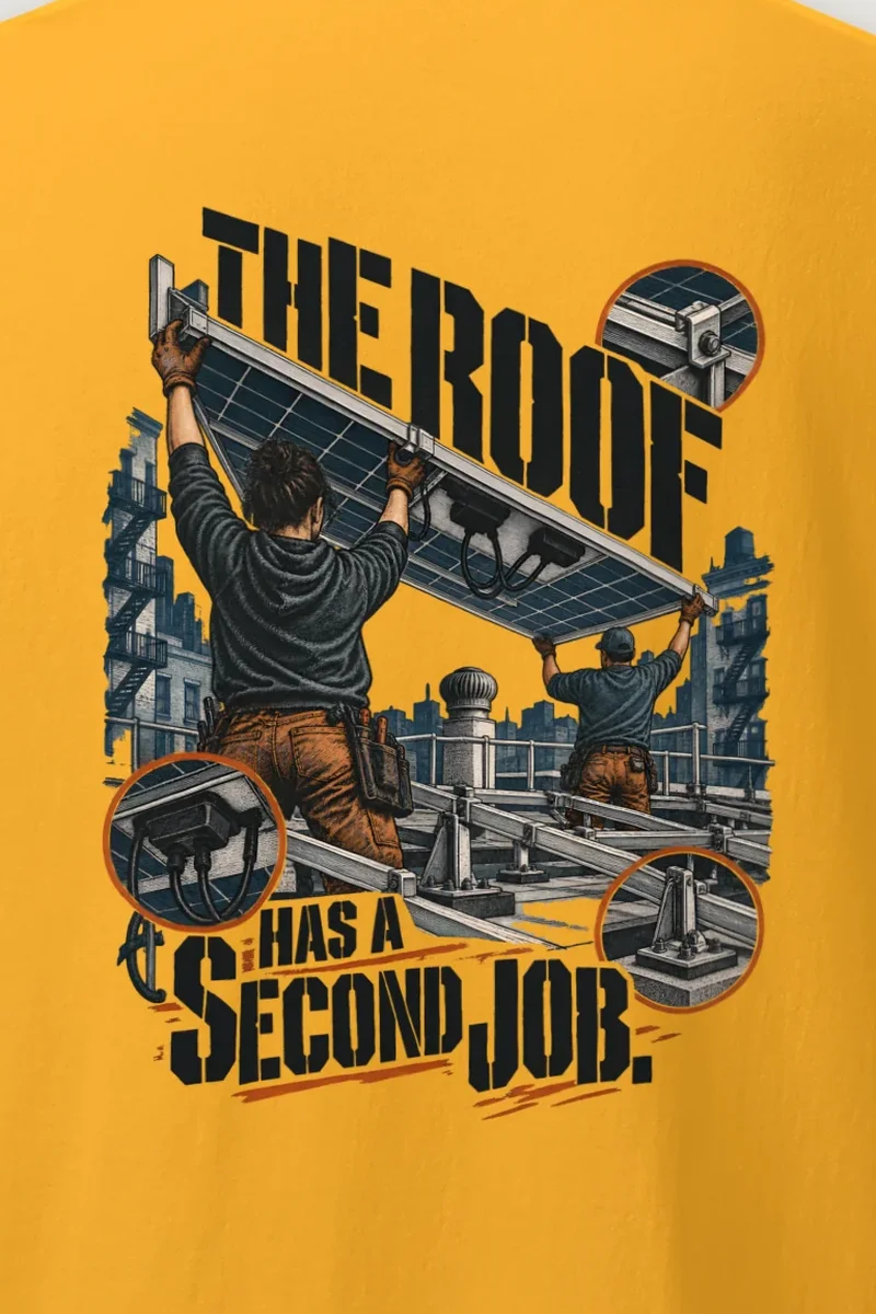 "The Roof Has a Second Job" Heavyweight Unisex Crewneck T-shirt - the graphic up close