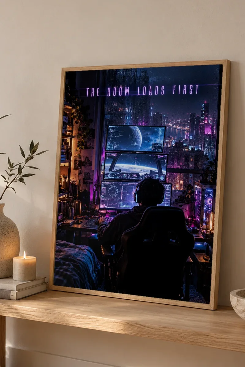 "The Room Loads First" Premium Wooden Framed Poster - the graphic up close